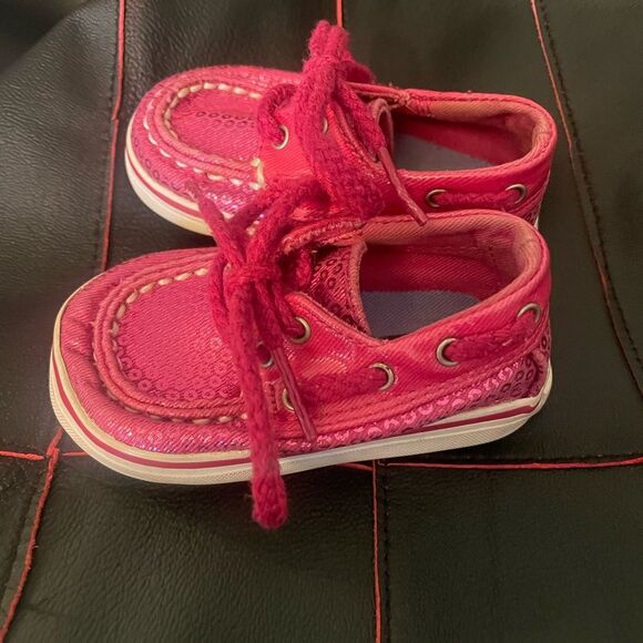 SPERRY TOP-SIDER Infant Girl Baby Pink Sequin Look Bling Shoes Sz 1 - Picture 3 of 8